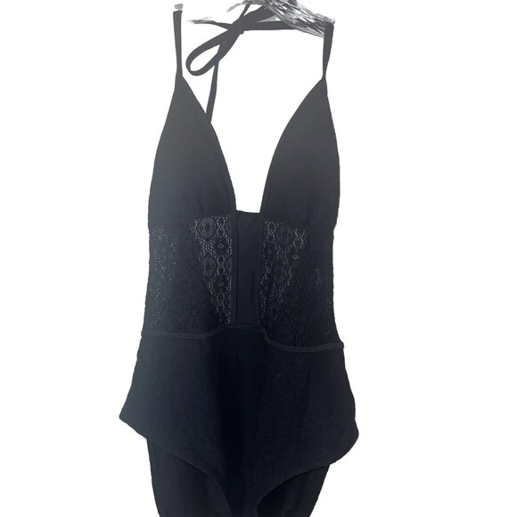 XL Mossimo One Puce Black Swimsuit Woman Halter Crochet Padded Nylon/Spandex - Picture 2 of 8